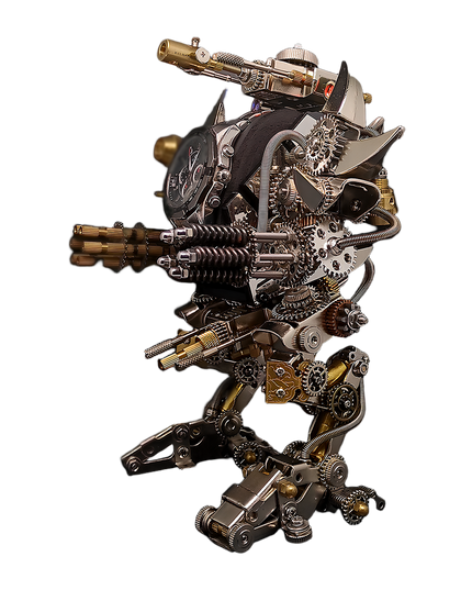 Side view of a heavily armed steampunk bipedal metal model. This complex DIY 3D puzzle is part of our advanced Metal Kits, perfect for a "funny table" display and a true "table funny" challenge for metal model enthusiasts