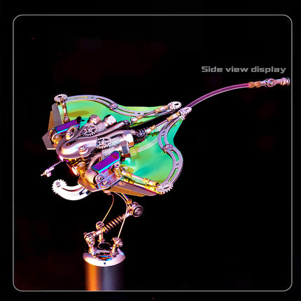Side view display of a futuristic metal model kit flying ray, an intricate metallic 3D puzzle / puzzle mécanique métal with unique iridescent wings.