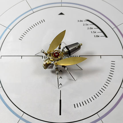 Detailed 3D puzzle metal kit of a steampunk fly, presented against a clean, technical background, emphasizing the precision engineering and unique insect-inspired design.