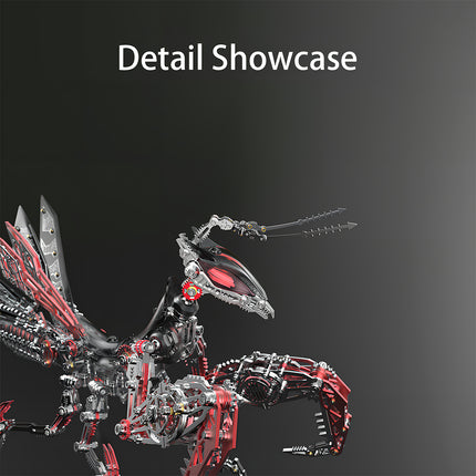 Detailed showcase of the mechanical mantis metal model, highlighting its intricate head, razor-sharp claws, and translucent red components. This DIY 3D assembly kit showcases the advanced engineering of the metal kit, making it a captivating and intriguing desktop display piece.