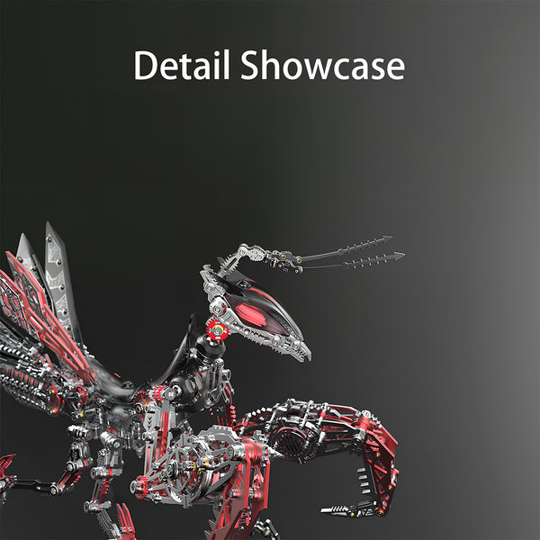 Detailed showcase of the mechanical mantis metal model, highlighting its intricate head, razor-sharp claws, and translucent red components. This DIY 3D assembly kit showcases the advanced engineering of the metal kit, making it a captivating and intriguing desktop display piece.
