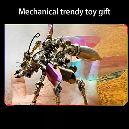 Hand holding a colorful steampunk hornet mech metal model, a trendy 3D puzzle metal kit and mechanical steampunk gift.