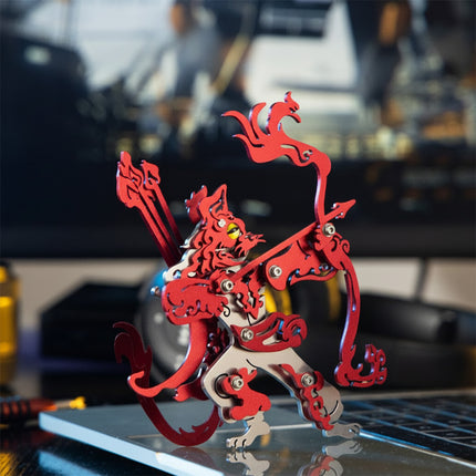A striking red and silver mythical cat archer metal model by TableFunny. Standing on a laptop, this steam punk mech figure offers an engaging steampunk puzzle experience for puzzle lovers.