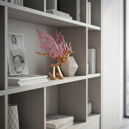 Pink and gold Phoenix Metal Model displayed on a bookshelf, showcasing a finished DIY 3D puzzle that complements any funny table or shelf decor.
