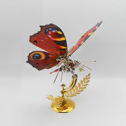 Funny table accent - finished DIY 3D puzzle metal model (red-brown steampunk butterfly) from metal kits, decorative mechanical insect with detachable golden stand