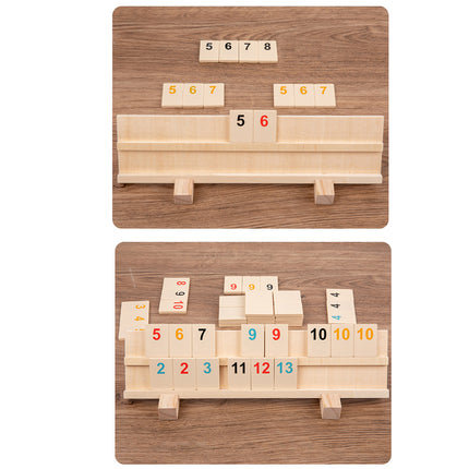 Two images showing the versatility of a Rummikub-style game on a funny table setup; top image highlights initial tile arrangement, bottom image displays complex plays with multiple sets and runs. Ideal for illustrating gameplay.