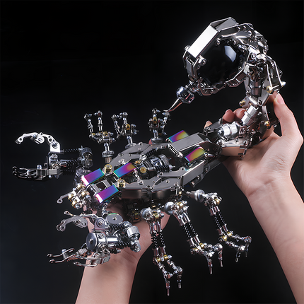 Table Funny Steampunk Mechanical Scorpion 3D Puzzle Metal Kit - A standout personalized gift and build project for mechanics, steampunk fans, and design lovers, this creation presents a mechanical scorpion with metallic components, intricate gear-driven mechanisms, and futuristic-vintage design, showcased in hand to emphasize its substantial scale and detailed artistry. It’s a desk-centerpiece-worthy Table Funny signature piece that blends engineering precision