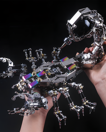 Table Funny Steampunk Mechanical Scorpion 3D Puzzle Metal Kit - A standout personalized gift and build project for mechanics, steampunk fans, and design lovers, this creation presents a mechanical scorpion with metallic components, intricate gear-driven mechanisms, and futuristic-vintage design, showcased in hand to emphasize its substantial scale and detailed artistry. It’s a desk-centerpiece-worthy Table Funny signature piece that blends engineering precision