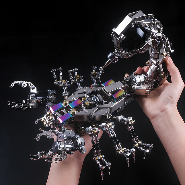Table Funny Steampunk Mechanical Scorpion 3D Puzzle Metal Kit - A standout personalized gift and build project for mechanics, steampunk fans, and design lovers, this creation presents a mechanical scorpion with metallic components, intricate gear-driven mechanisms, and futuristic-vintage design, showcased in hand to emphasize its substantial scale and detailed artistry. It’s a desk-centerpiece-worthy Table Funny signature piece that blends engineering precision
