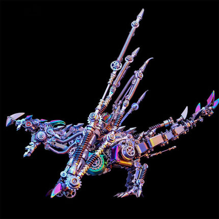 Futuristic mechanical spirit dragon metal model kit, featuring iridescent metal scales, complex gears, and powerful, articulated wings. This unique metal 3D puzzle is an imposing maquette en metal for fantasy and steampunk collectors