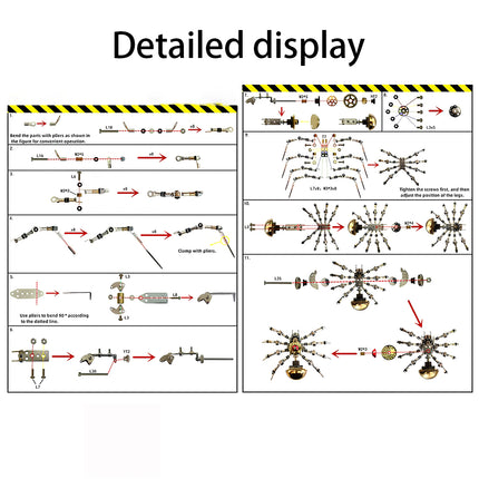 Detailed display" of assembly instructions for a steampunk spider 3D puzzle metal kit, showing step-by-step diagrams for constructing the mechanical steampunk model.