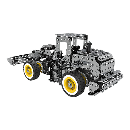 A gleaming metal bulldozer model showcasing intricate details. This is the perfect DIY project—this 3D puzzle metal kit creates a unique and fun desktop display. Discover more metal model kits at Tablefunny.com