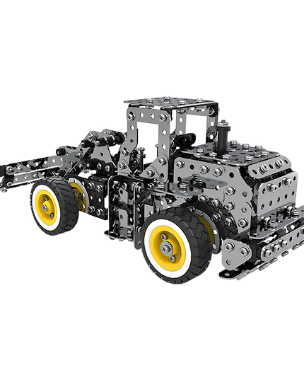 A gleaming metal bulldozer model showcasing intricate details. This is the perfect DIY project—this 3D puzzle metal kit creates a unique and fun desktop display. Discover more metal model kits at Tablefunny.com