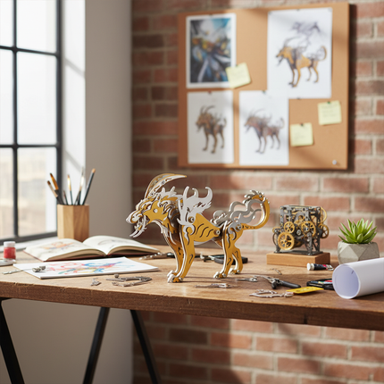 A gold and silver 3D metal puzzle model sits on an artist's desk. This DIY craft kit for adults is displayed within a creative workspace, with design sketches of the mythical auspicious beast visible in the background