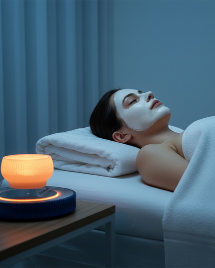 Magnetic levitation orange LED bedside lamp floating above a wooden base in a tranquil spa bedroom — shown next to a relaxed woman with a facial mask; ideal levitating night light for bedrooms, wellness spaces, and home decor