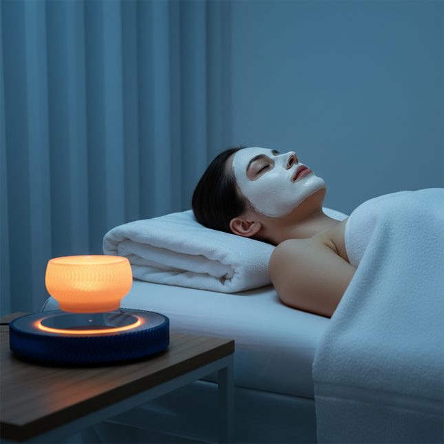 Magnetic levitation orange LED bedside lamp floating above a wooden base in a tranquil spa bedroom — shown next to a relaxed woman with a facial mask; ideal levitating night light for bedrooms, wellness spaces, and home decor