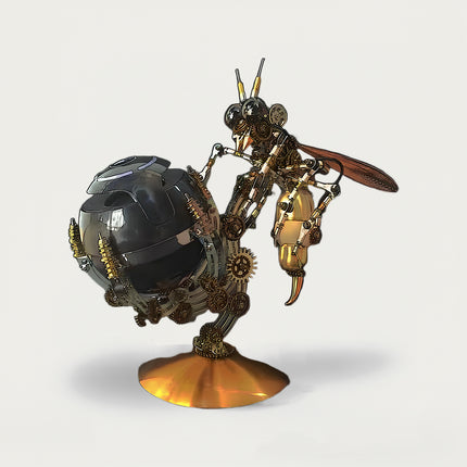 Table Funny DIY 3D puzzle Metal Kits: Intricate steampunk metal model of a mechanical wasp/bee pushing a large dark sphere, detailed gear work and golden structure, perfect desktop display or metal model craft.