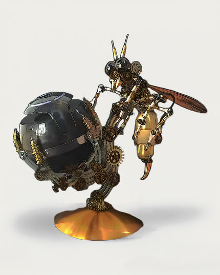 Table Funny DIY 3D puzzle Metal Kits: Intricate steampunk metal model of a mechanical wasp/bee pushing a large dark sphere, detailed gear work and golden structure, perfect desktop display or metal model craft.