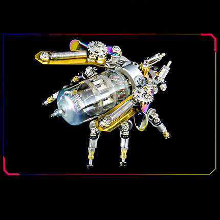 Close-up of a mechanical firefly metal model with a prominent vacuum tube and metallic components, a detailed 3D puzzle for mechanical steampunk fans.