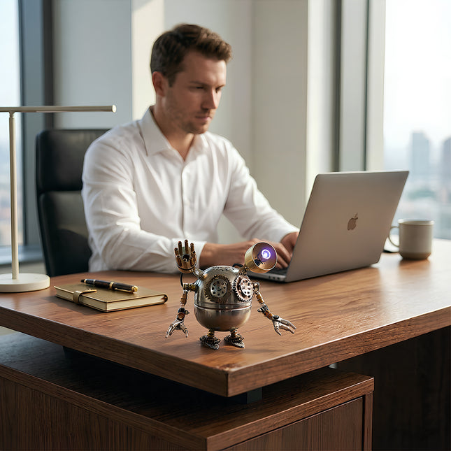 A cool steam punk mech robot standing on a wooden executive desk, showcasing high-end metal model craftsmanship.