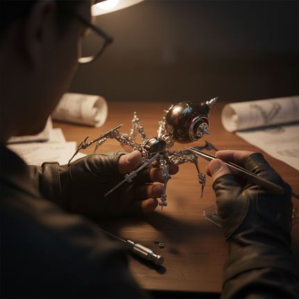 A person wearing black gloves meticulously assembling a metallic spider model, using tweezers to attach small parts to its intricate legs, with blueprints and tools on a workbench. This detailed DIY project is a testament to the engaging nature of our 3D puzzle metal kits, resulting in a sophisticated metal model that makes a captivating and funny table piece.