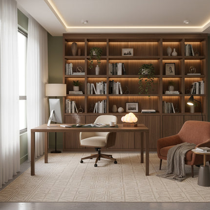 Bright home study: A white cloud-shaped lamp rests on a magnetic levitation wood-grain base atop a wooden desk, framed by a bookshelf with warm ambient lighting — modern decorative ambiance.