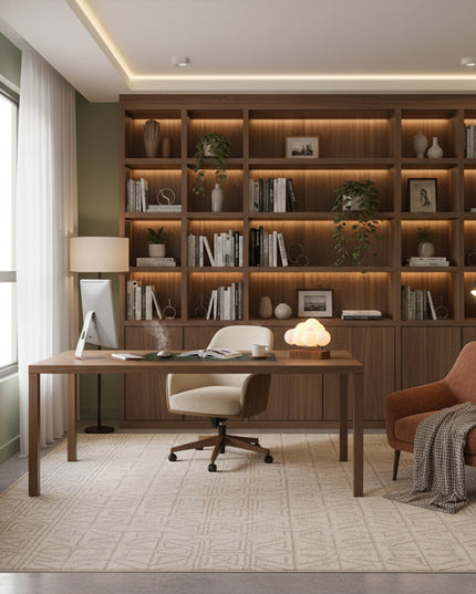 Bright home study: A white cloud-shaped lamp rests on a magnetic levitation wood-grain base atop a wooden desk, framed by a bookshelf with warm ambient lighting — modern decorative ambiance.
