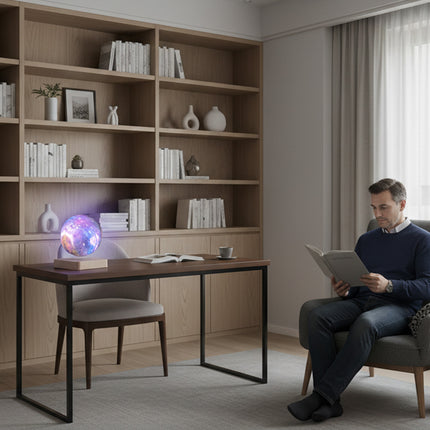 A man reads in his study, where a magnetic levitation nebula globe lamp rests on a wooden base atop his desk — a magnetic levitation ambiance piece