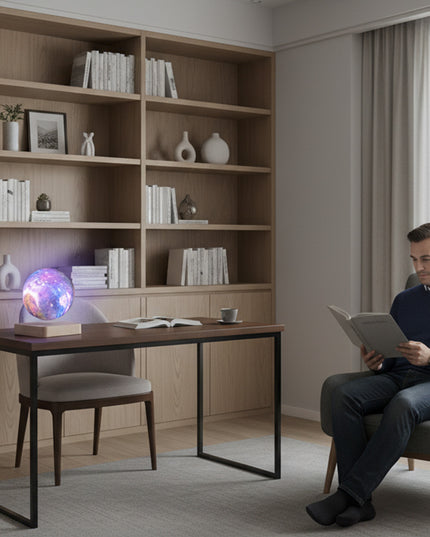 A man reads in his study, where a magnetic levitation nebula globe lamp rests on a wooden base atop his desk — a magnetic levitation ambiance piece