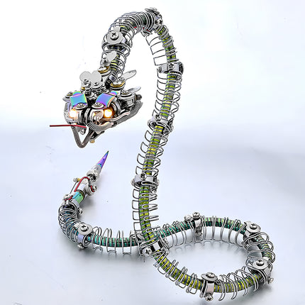  Elegant metallic 3D puzzle in snake form, a challenging metal model kit displaying intricate mechanical details and vibrant colors.