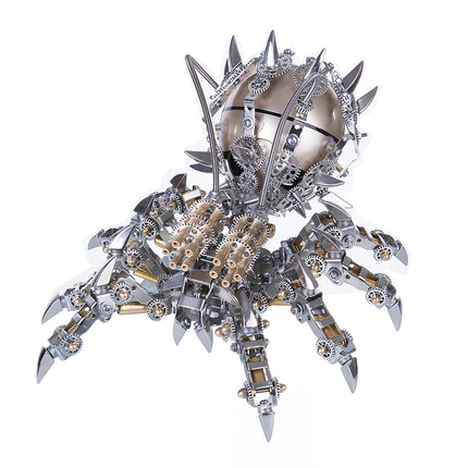 Front-top view of a formidable mechanical steampunk spider metal model 3D puzzle Metal Kit, featuring a spiky spherical body, intricate gears, polished chrome and brass details, and a multi-barrel weapon system. This highly detailed steam punk mech offers an engaging steampunk puzzle experience.