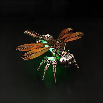 his Mechanical Dragonfly 3D puzzle Metal Kit features a steampunk design with golden wire wings, mechanical gears, and glowing green lights. The intricate assembly process offers a challenging experience, and the finished product, with its vivid mechanical details and luminous effect, serves as a striking focal point for your funny table. It blends insect aesthetics with industrial art, making it a perfect choice for steampunk lovers and puzzle enthusiasts.