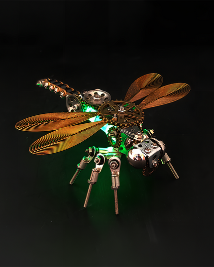 his Mechanical Dragonfly 3D puzzle Metal Kit features a steampunk design with golden wire wings, mechanical gears, and glowing green lights. The intricate assembly process offers a challenging experience, and the finished product, with its vivid mechanical details and luminous effect, serves as a striking focal point for your funny table. It blends insect aesthetics with industrial art, making it a perfect choice for steampunk lovers and puzzle enthusiasts.