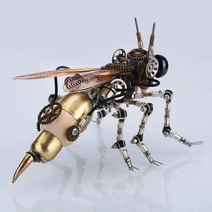 Detailed mechanical steampunk metal model of a wasp, featuring intricate gears, bronze wings, articulated legs, and a golden body with a stinger. This 3D puzzle Metal Kit is a fascinating steam punk mech, perfect for any steampunk puzzle enthusiast.