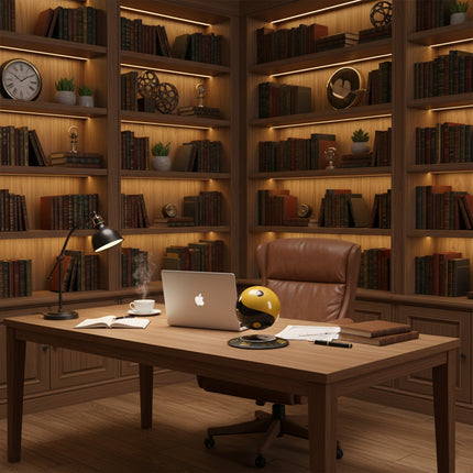 Magnetic levitation yin-yang sphere floating above a patterned wood base on a study desk in a warm home library with bookshelves and a laptop