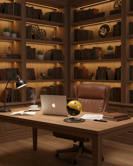 Magnetic levitation yin-yang sphere floating above a patterned wood base on a study desk in a warm home library with bookshelves and a laptop