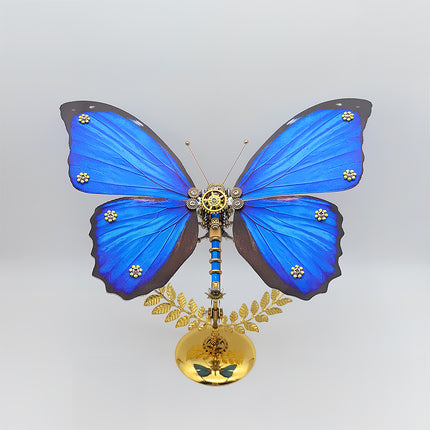 Gear-detailed diamond-studded sapphire-blue mechanical butterfly DIY 3D puzzle metal model - upscale funny table decor for luxury clubs, private collection displays & artistic holiday gifts, assembled from premium metal kits with gilded laurel stand