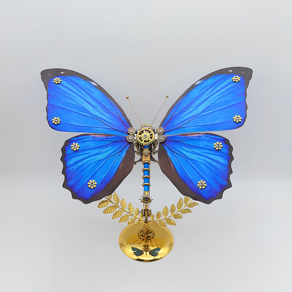 Gear-detailed diamond-studded sapphire-blue mechanical butterfly DIY 3D puzzle metal model - upscale funny table decor for luxury clubs, private collection displays & artistic holiday gifts, assembled from premium metal kits with gilded laurel stand