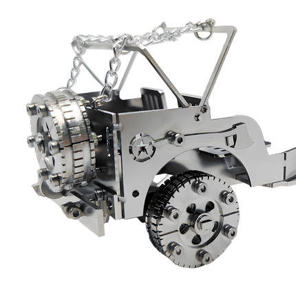 Close-up of a 3D metal puzzle kit of a vintage military jeep, showcasing its intricate laser-cut details, articulated wheels, and spare tire. This DIY model for adult hobbyists features a raw silver metallic finish and a star emblem.