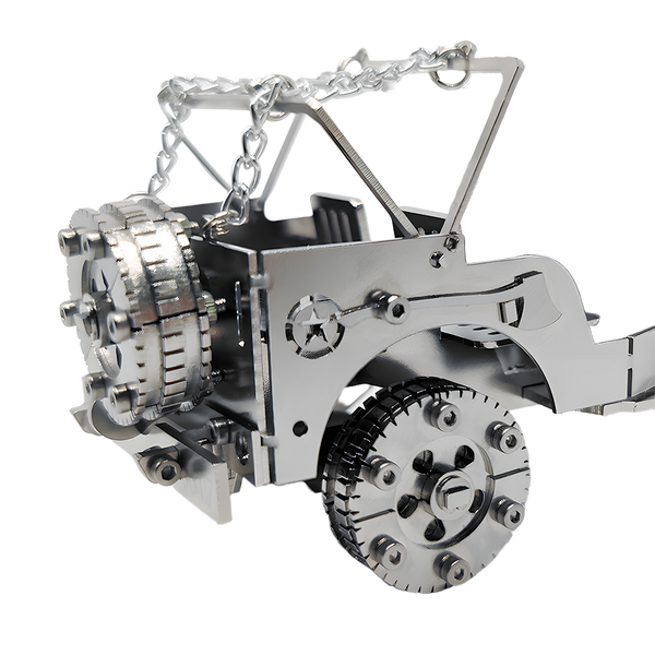 Close-up of a 3D metal puzzle kit of a vintage military jeep, showcasing its intricate laser-cut details, articulated wheels, and spare tire. This DIY model for adult hobbyists features a raw silver metallic finish and a star emblem.