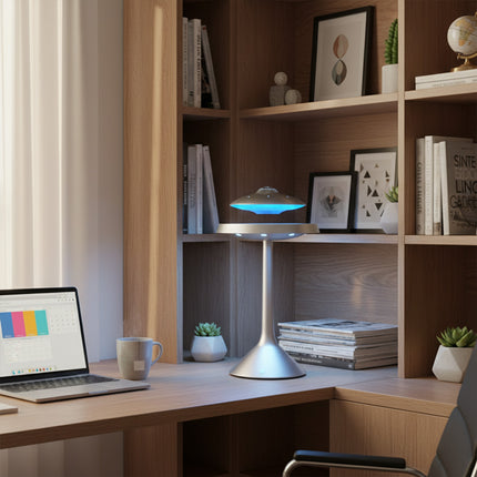 The magnetic levitation Bluetooth UFO floats atop a silver pillar base, positioned beside a corner desk in a modern home study; emitting a blue ambient glow, it's perfect for focused work and setting the mood
