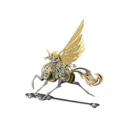 Elegant gold and silver winged unicorn metal model, a sophisticated DIY 3D puzzle perfect for discerning collectors. This premium Metal Kits piece makes a luxurious and funny table accent, showcasing intricate design and craftsmanship.