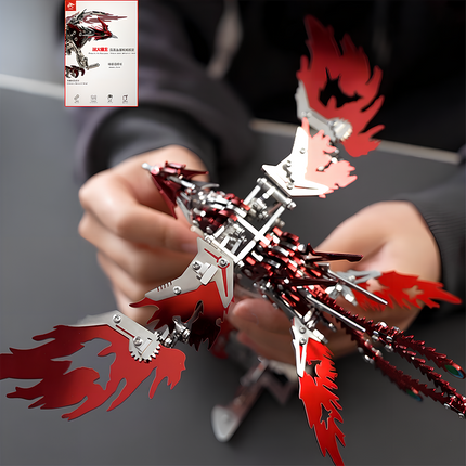 Mechanical Phoenix 3D Puzzle Metal Kit - A captivating DIY toy for mechanics and art enthusiasts, this self-assembled piece showcases a mechanical phoenix with red and metallic components, featuring intricate gear-driven structures and bionic wing design. It embodies the fusion of mechanical engineering and artistic design, inviting you to craft a table funny piece of dynamic mechanical artistry with precision and creative sensibility through this 3D Puzzle Metal Kit.