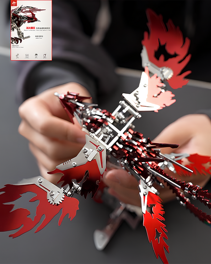 Mechanical Phoenix 3D Puzzle Metal Kit - A captivating DIY toy for mechanics and art enthusiasts, this self-assembled piece showcases a mechanical phoenix with red and metallic components, featuring intricate gear-driven structures and bionic wing design. It embodies the fusion of mechanical engineering and artistic design, inviting you to craft a table funny piece of dynamic mechanical artistry with precision and creative sensibility through this 3D Puzzle Metal Kit.