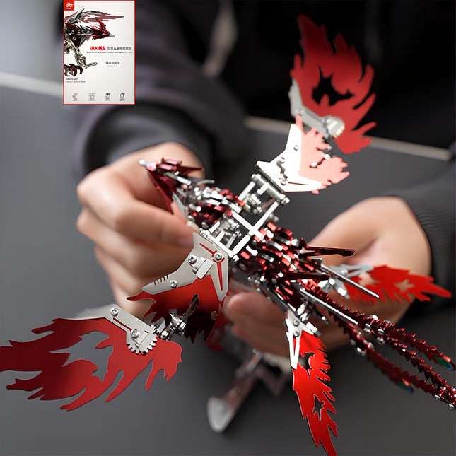 Mechanical Phoenix 3D Puzzle Metal Kit - A captivating DIY toy for mechanics and art enthusiasts, this self-assembled piece showcases a mechanical phoenix with red and metallic components, featuring intricate gear-driven structures and bionic wing design. It embodies the fusion of mechanical engineering and artistic design, inviting you to craft a table funny piece of dynamic mechanical artistry with precision and creative sensibility through this 3D Puzzle Metal Kit.