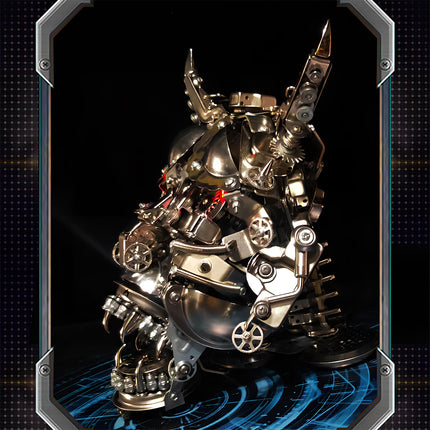 Cyber-style showcase of DIY 3D puzzle metal model (mechanical monster head): Glowing gears & metallic texture, a funny table decor for tech-themed display
