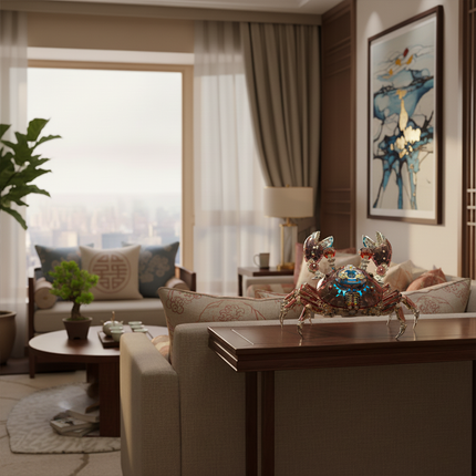  Ornate Crab Metal Model adorning a living room table, a unique DIY 3D puzzle that serves as a funny table centerpiece in a stylish setting.