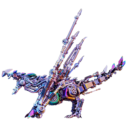 A side profile of a highly detailed metallic winged dragon model, showcasing its complex internal mechanisms, vibrant iridescent plating, and strong, upward-sweeping wings, against a transparent backdrop. This engaging metal model offers an immersive DIY experience, making it a standout piece from our 3D puzzle metal kits that truly makes a funny table statement