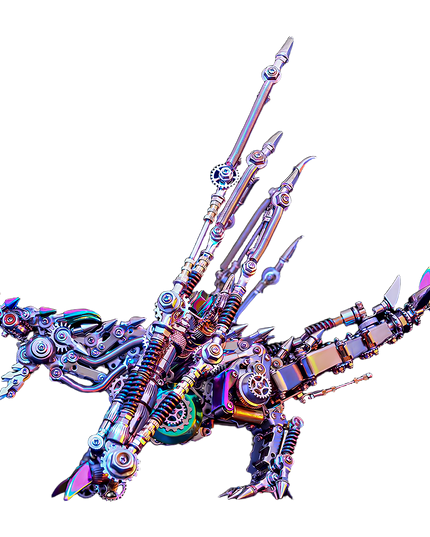 A side profile of a highly detailed metallic winged dragon model, showcasing its complex internal mechanisms, vibrant iridescent plating, and strong, upward-sweeping wings, against a transparent backdrop. This engaging metal model offers an immersive DIY experience, making it a standout piece from our 3D puzzle metal kits that truly makes a funny table statement