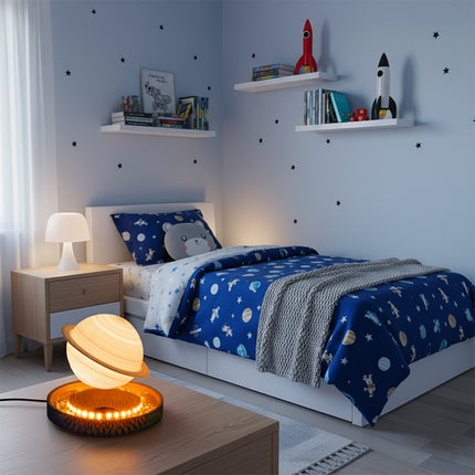 Magnetic levitation Saturn planet lamp floats above a luminous base, placed on a coffee table—a color-changing sphere perfect as a children's night light, bedroom decor, and creative gift